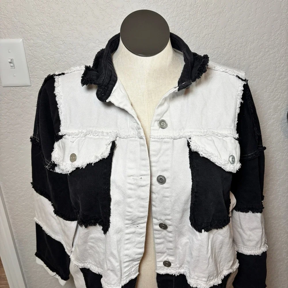Black White‎ Fringed Patchwork Denim Grunge Jacket Raw Hem Shacket Size M
